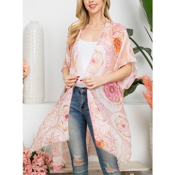 Pink Boho Starburst Tie Dye Print Open Front Kimono Top - Picture 1 of 6